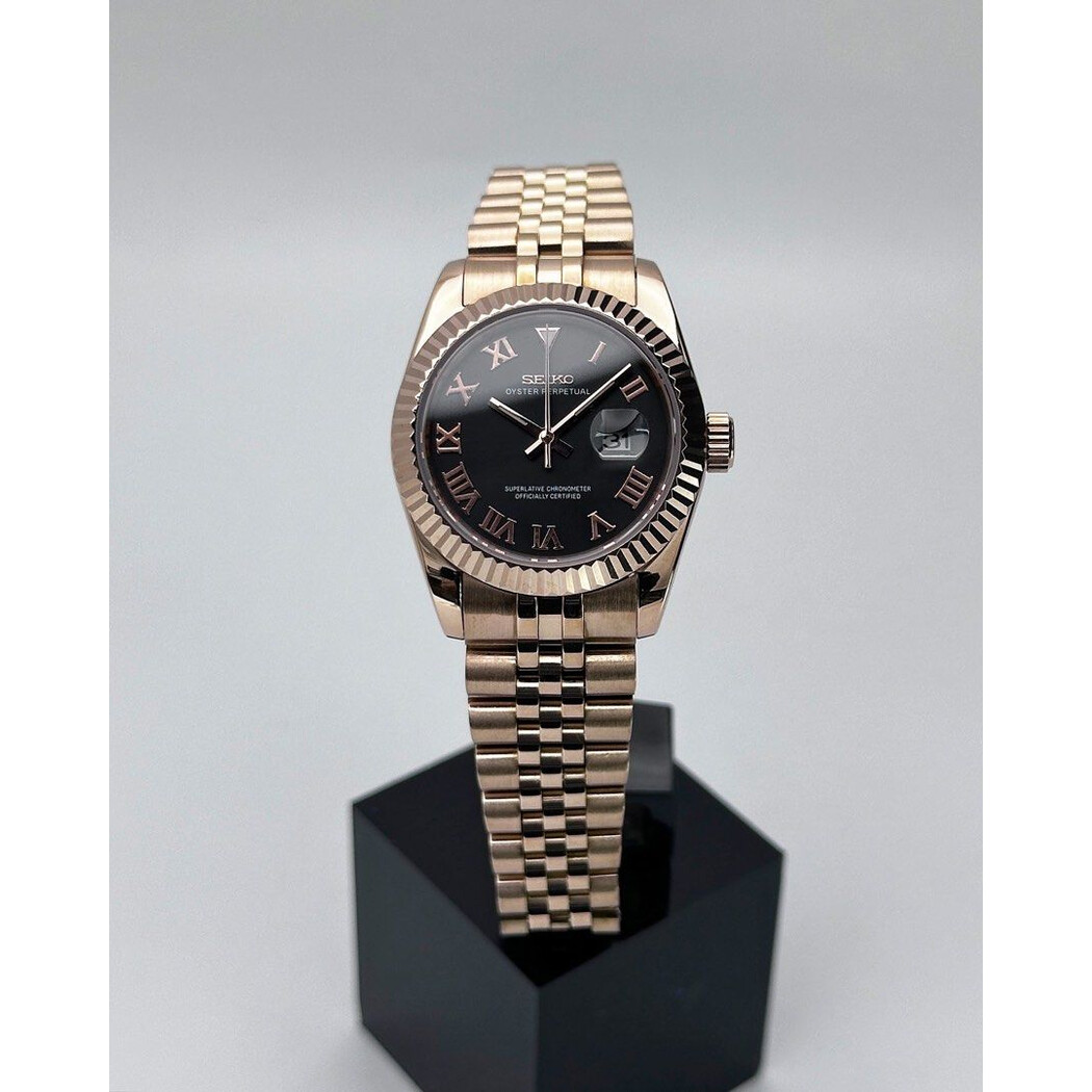 Custom Seiko Mod • Black Roman Rose Gold Datejust • 31mm